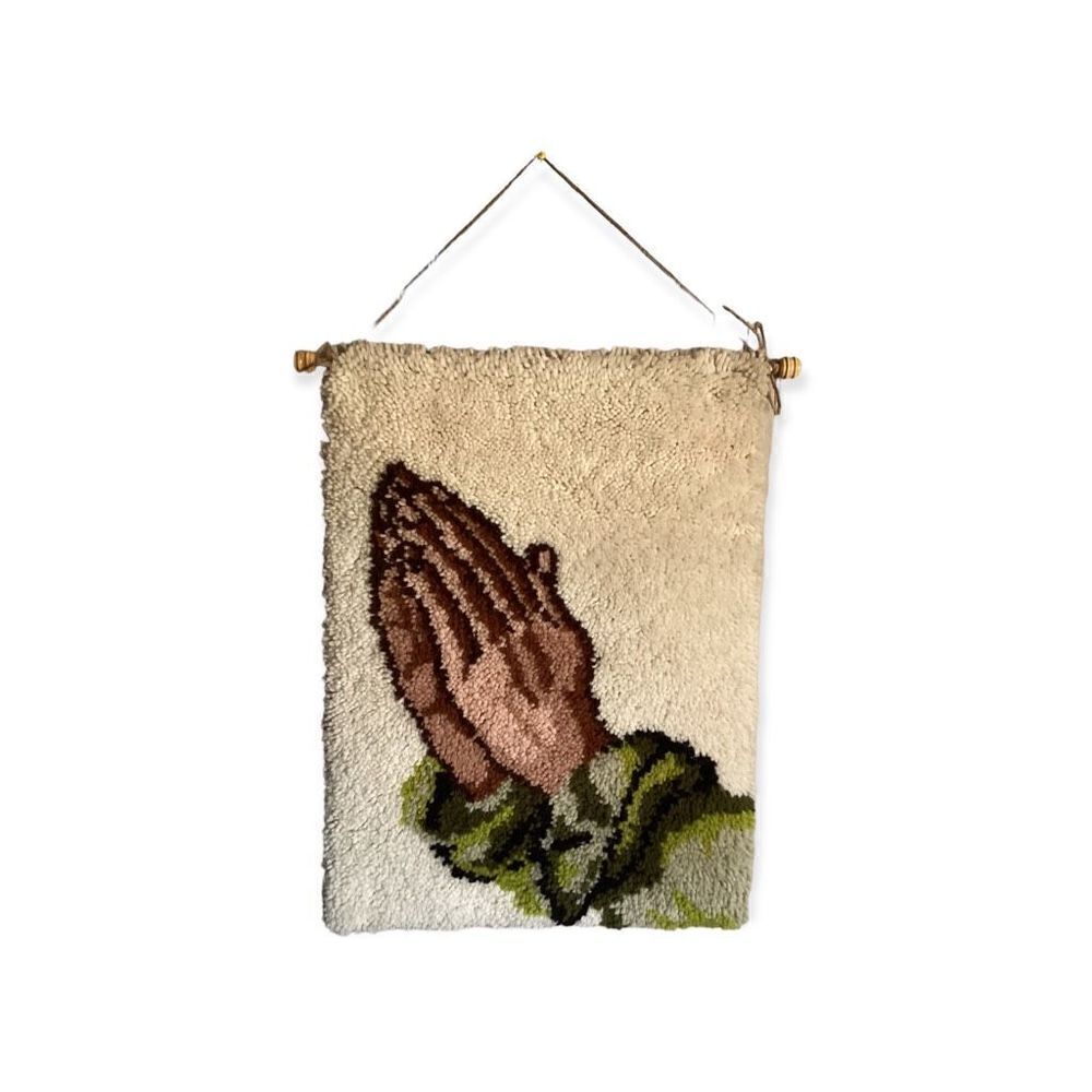 Vintage 70s Latch Hook Praying Hands Wall Hanging